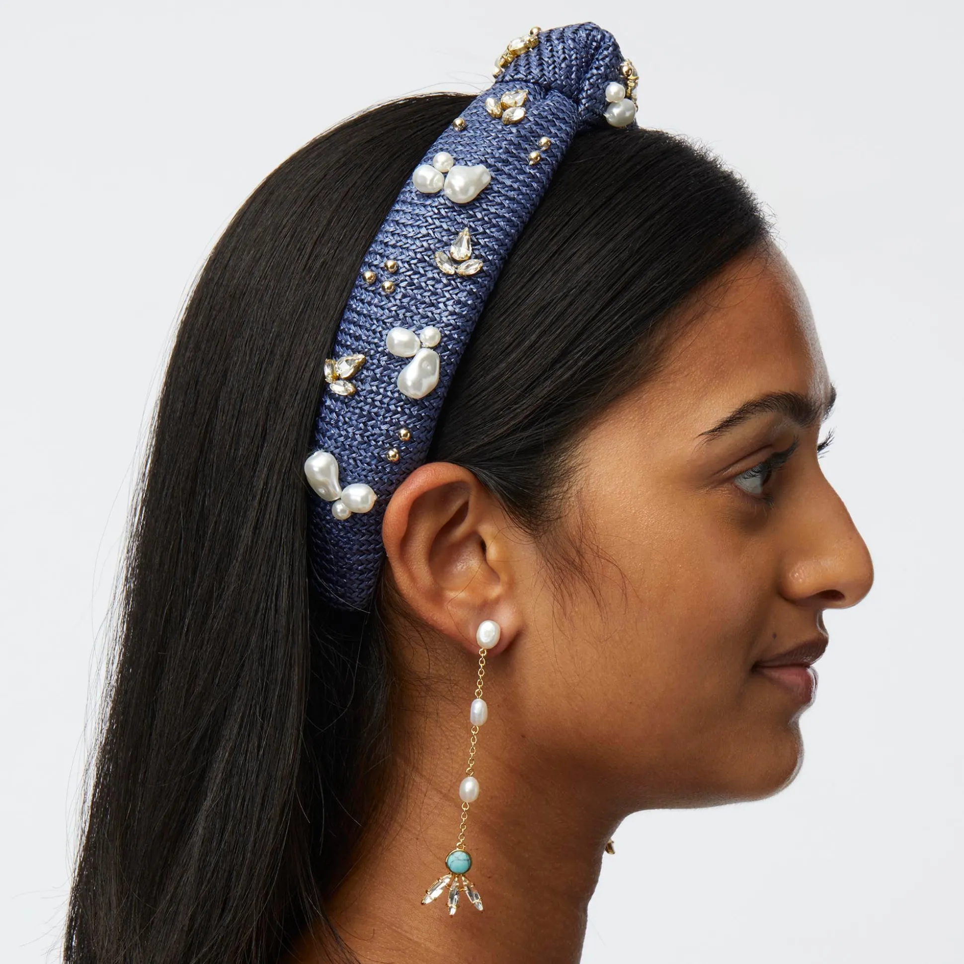 AEGEAN BLUE SLIM KNOTTED RAFFIA OASIS EMBELLISHED HEADBAND