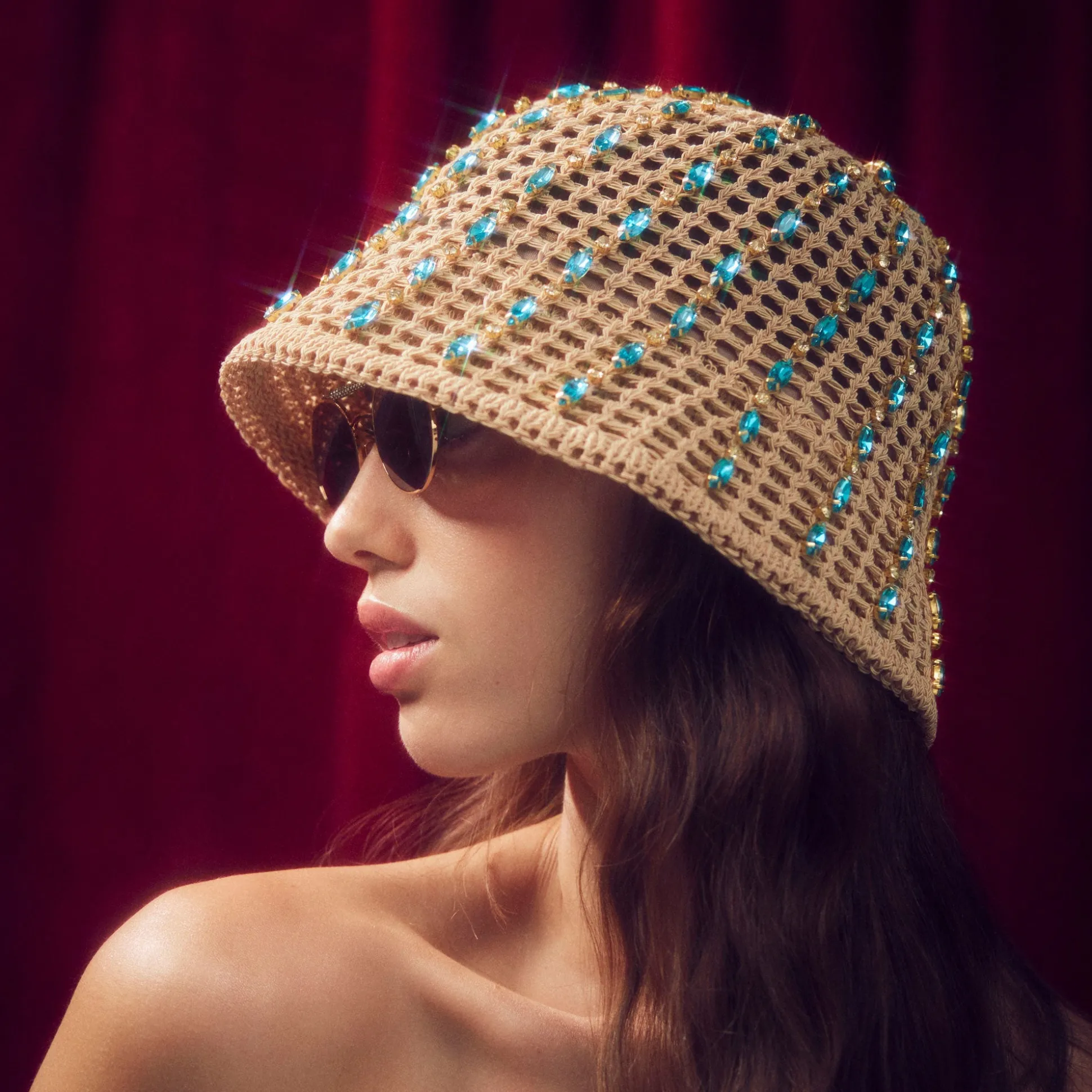 AQUA CRYSTAL OPEN WEAVE BUCKET HAT