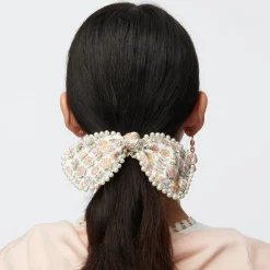 DAVALIA FLOWERS PENNY LIBERTY PEARL TRIM BOW SCRUNCHIE