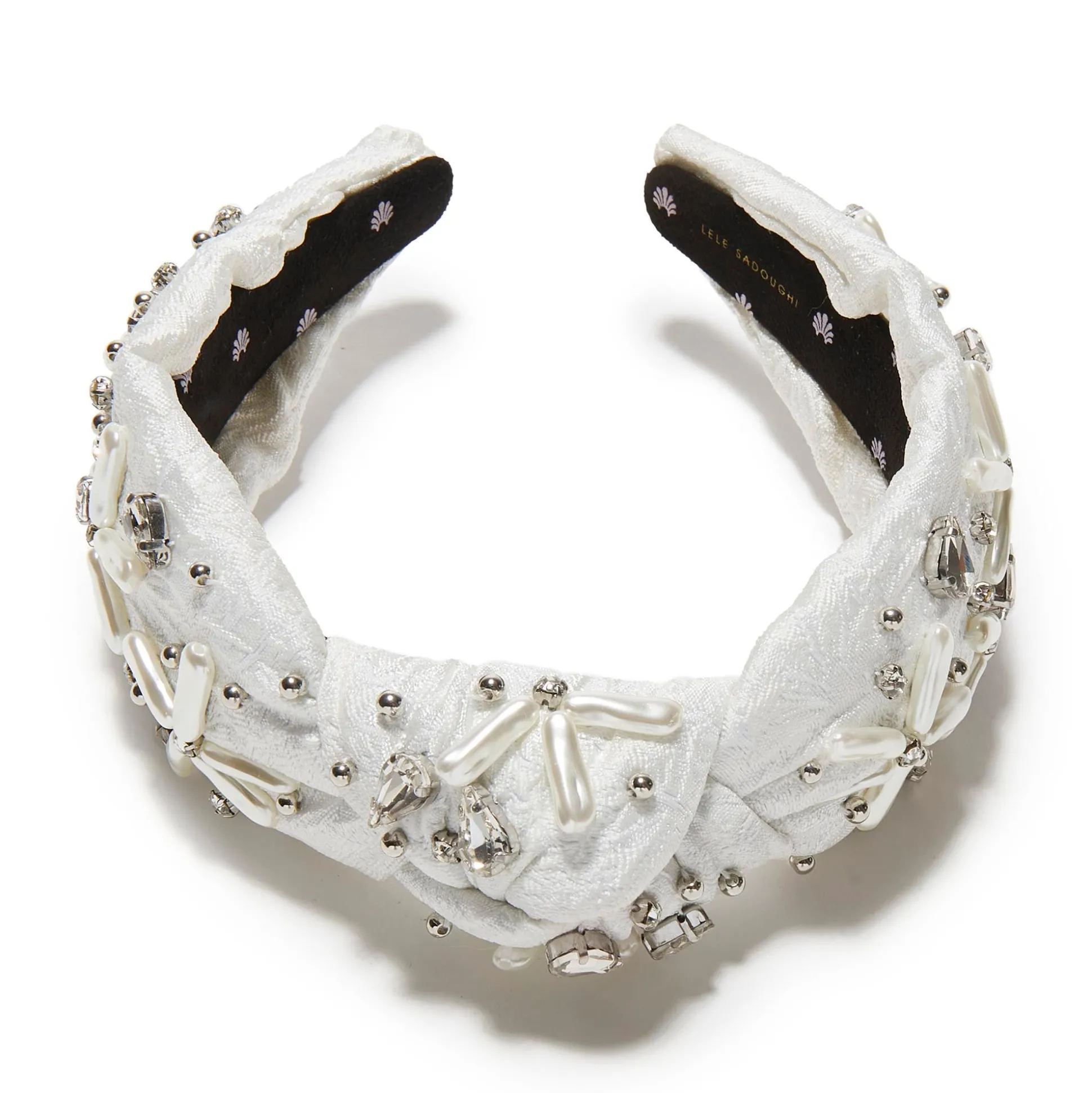 DOVE WHITE KNOTTED PEARL FLORAL BROCADE HEADBAND