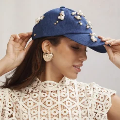 FRENCH DENIM SCATTERED PEARL DENIM BASEBALL CAP