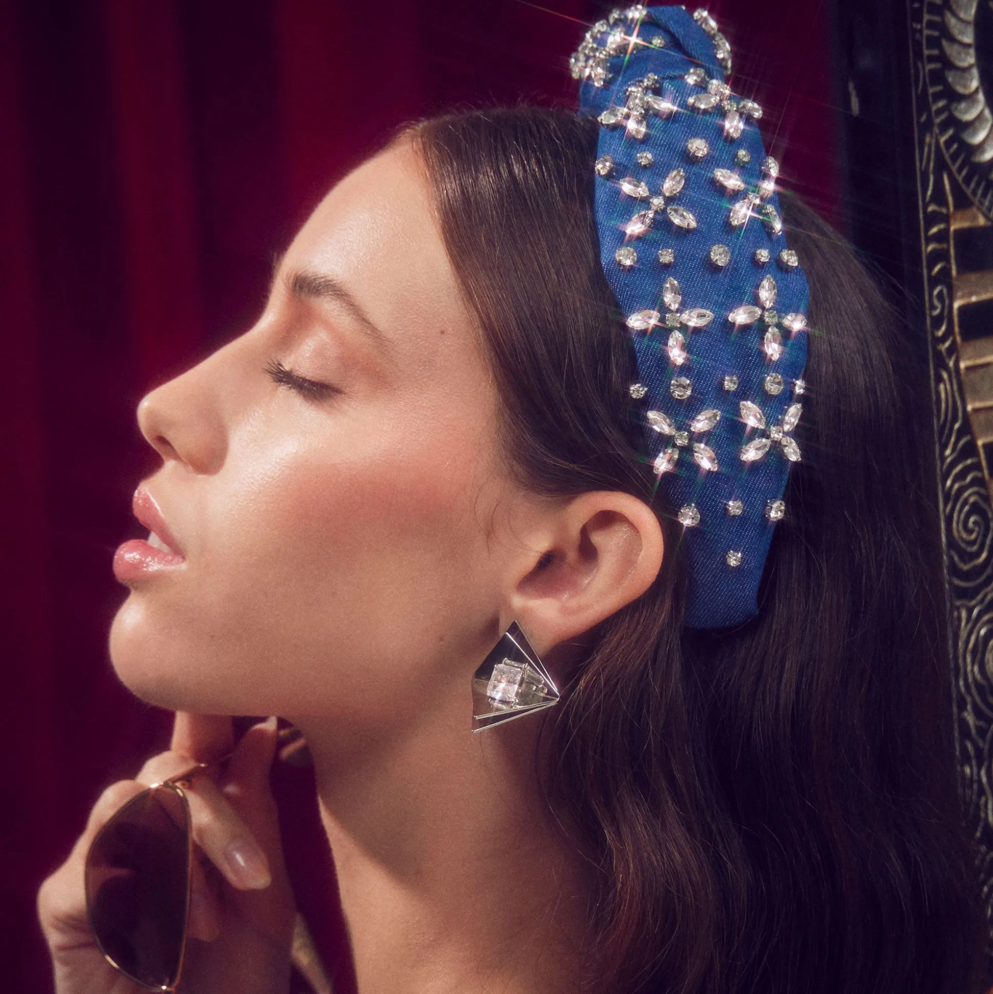 INDIGO DENIM CRYSTAL KNOTTED HEADBAND