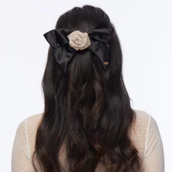 JET CRYSTAL PAVE ROSE BOW BARRETTE