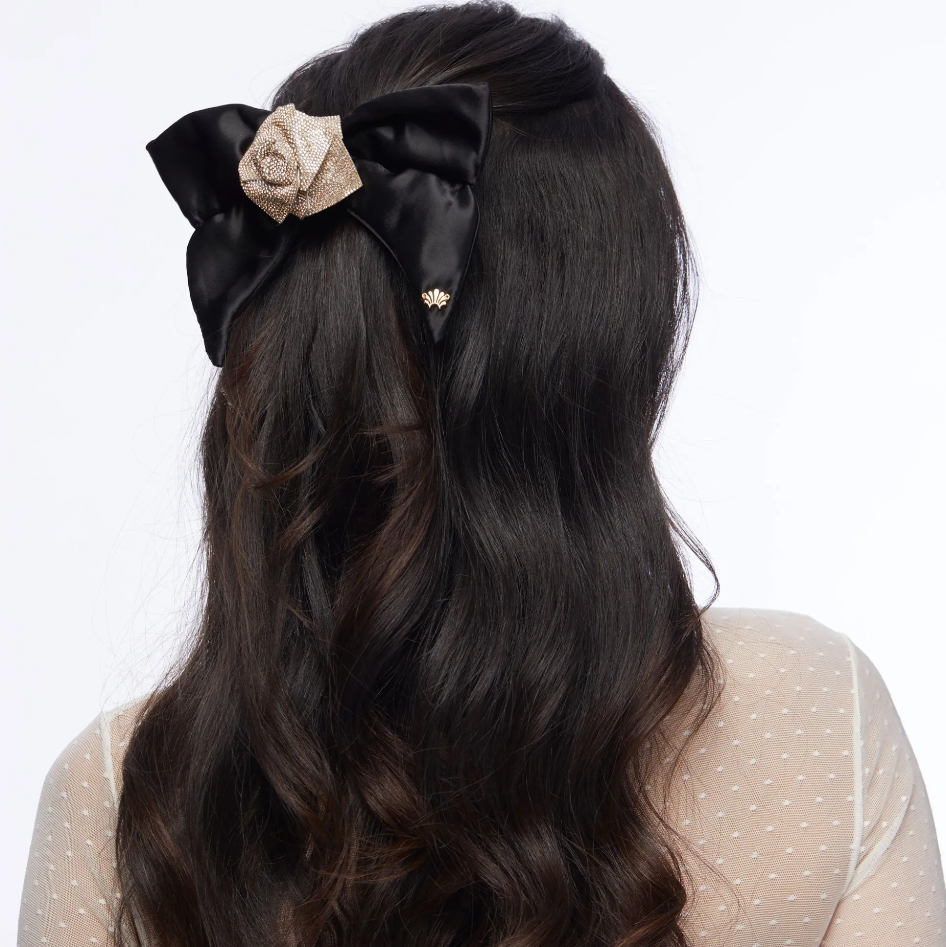 JET CRYSTAL PAVE ROSE BOW BARRETTE