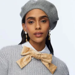 KHAKI KIRA VELVET PEARL BOW COLLAR