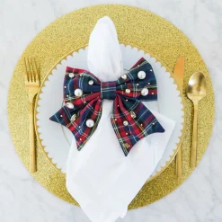 MIDNIGHT PLAID SET OF 4 EMBELLISHED PLAID BOW NAPKIN RINGS
