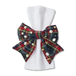 MIDNIGHT PLAID SET OF 4 EMBELLISHED PLAID BOW NAPKIN RINGS
