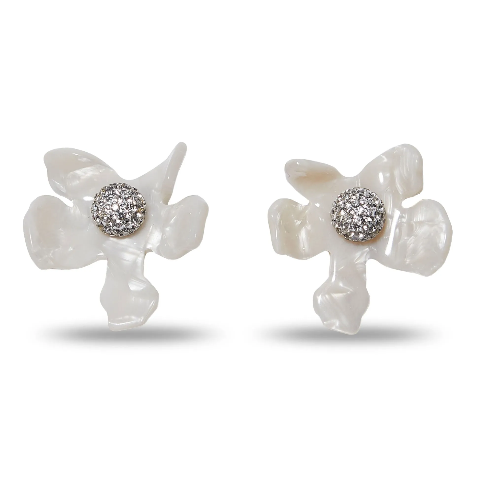 MOTHER OF PEARL CRYSTAL LILY BUTTON EARRINGS