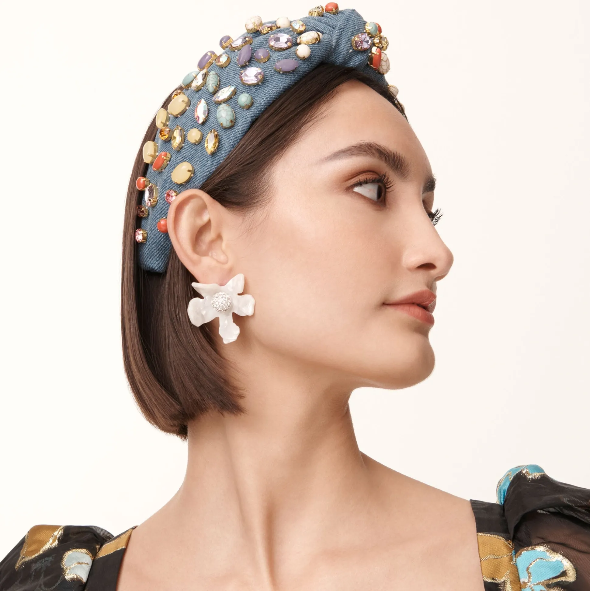 MOTHER OF PEARL CRYSTAL LILY BUTTON EARRINGS