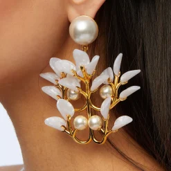 MOTHER OF PEARL VINE LEAF CHANDELIER EARRINGS