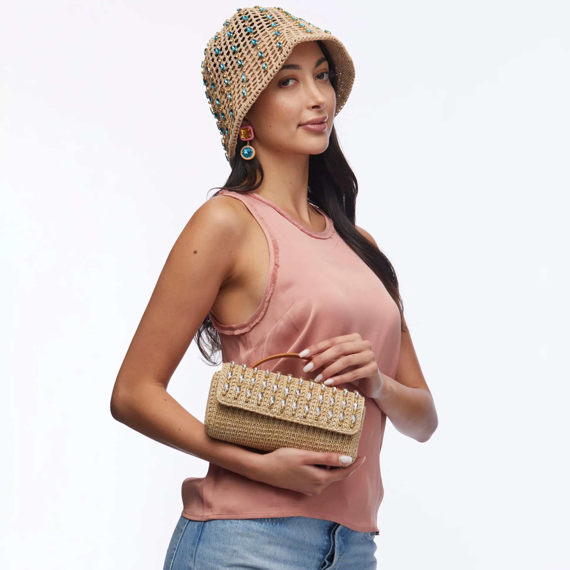 NATURAL CRYSTAL EMBELLISHED TOP HANDLE MINI TABITHA BAG