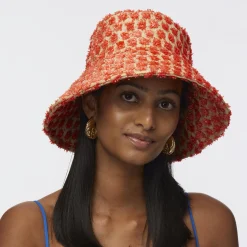 NATURAL MELON DOTTED RAFFIA LONG BRIM BUCKET HAT