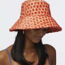 NATURAL MELON DOTTED RAFFIA LONG BRIM BUCKET HAT