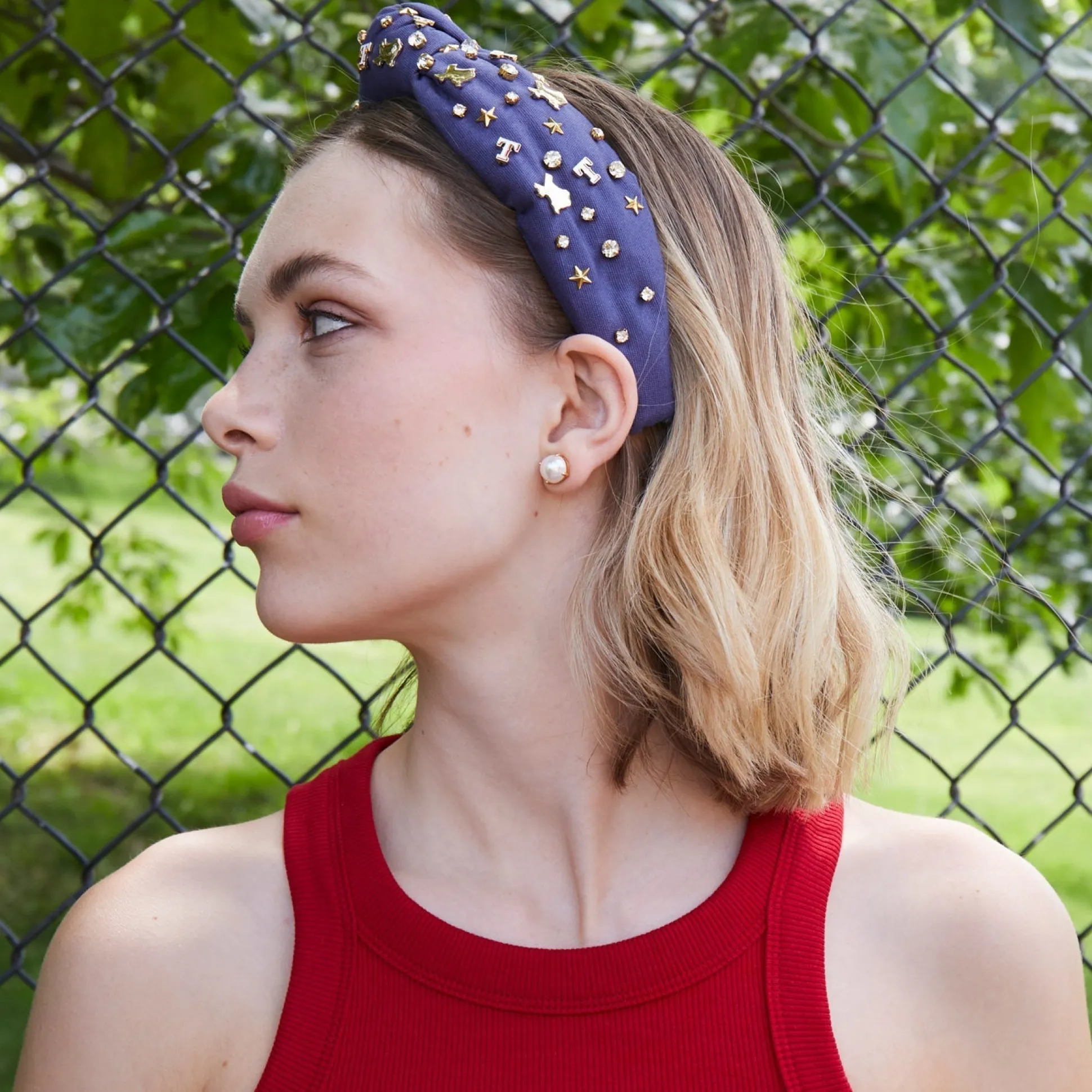 TEXAS RANGERS LELE SADOUGHI / MLB NAVY EMBELLISHED KNOTTED HEADBAND